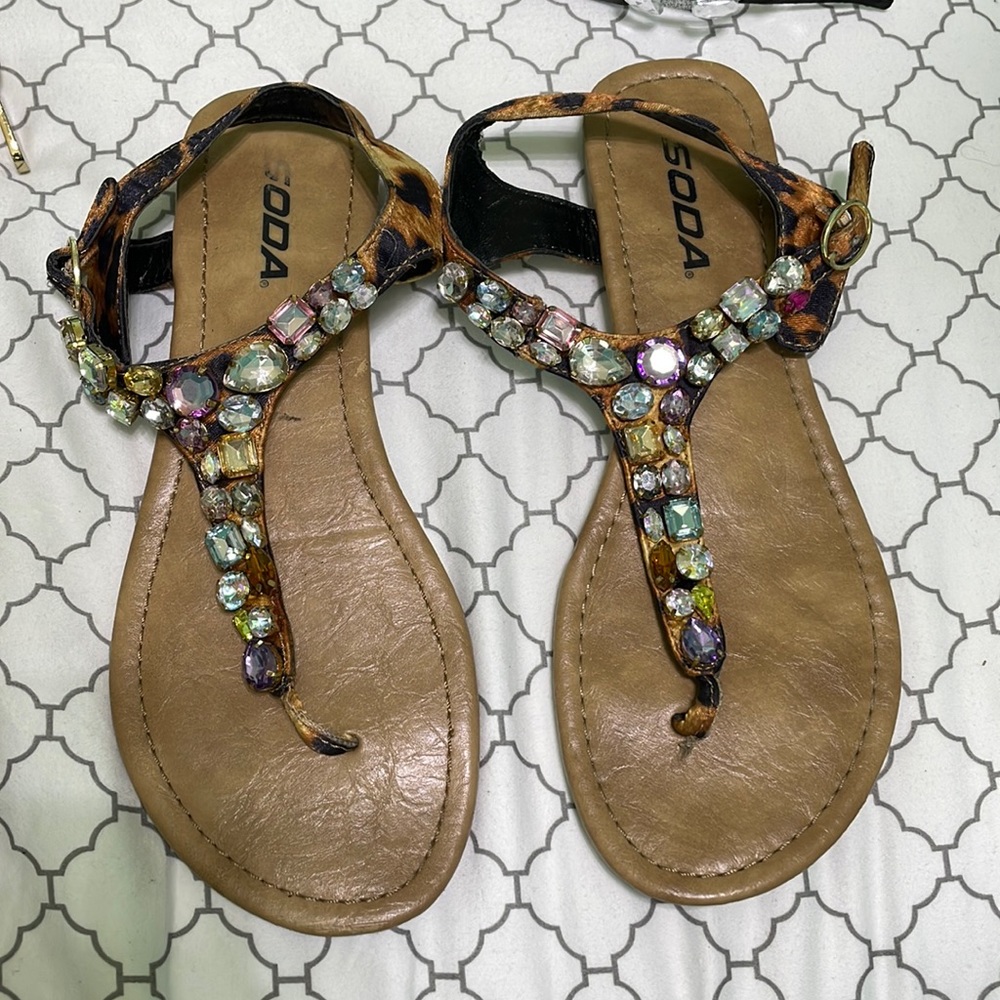 Cheetah print SODA sandals size 7.5 with multicolor jewels